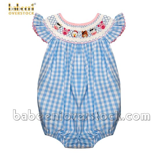 Smocked farm animals blue check girl bubble - BB1964